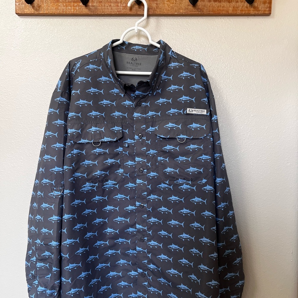 Huk Gray Shirt with Blue Shark Pattern